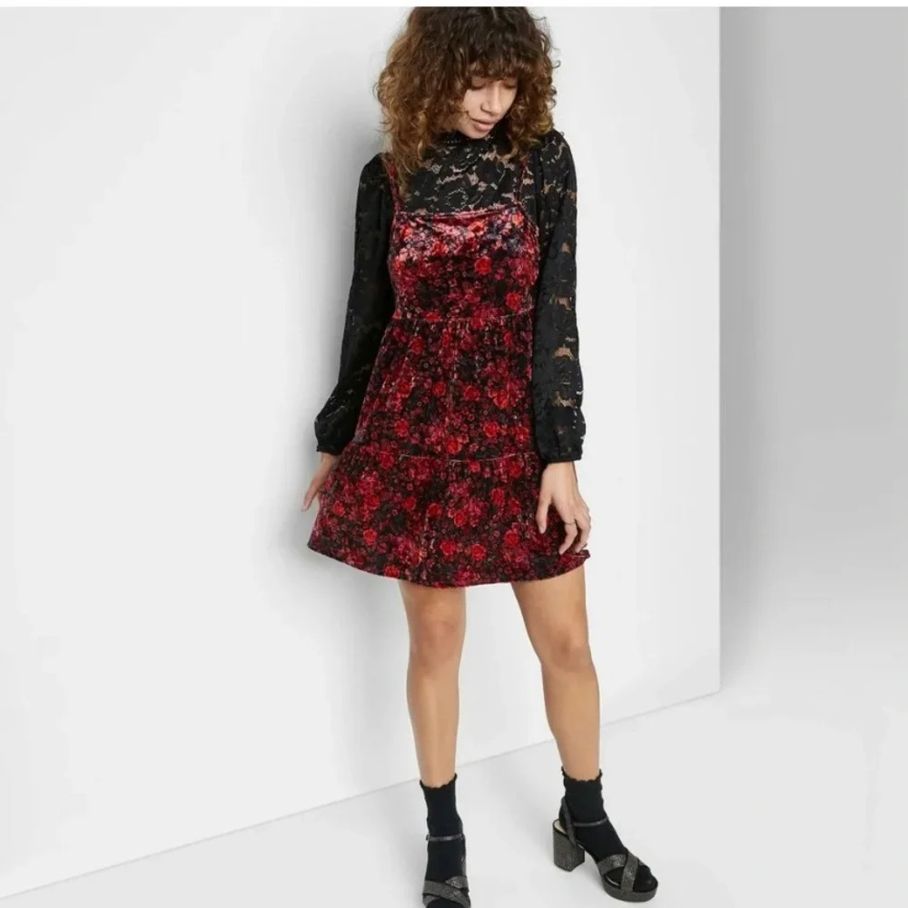 Women's Floral Print Sleeveless Tiered Velvet Dress - Wild Fable Red/Black